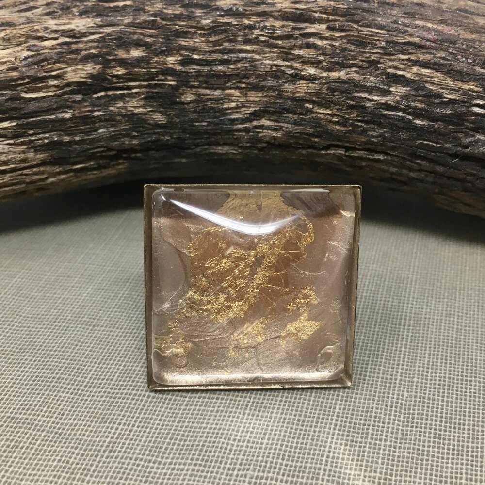 Expandable Chunky Square Glass Antique Brass Tone Gold Leaf Enamel Dome Ring